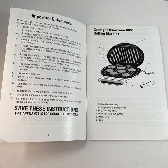 George Foreman Lean Mean Fat Grilling Machine Owners Manual Model GR35 - Picture 6 of 8
